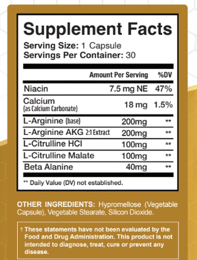 MemoHoney Supplement Facts panel showing all seven ingredients and their doses per capsule